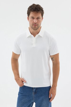 Beyaz Polo Yaka Örme Kısa Kol Standart Fit Esnek Tişört 1011260179