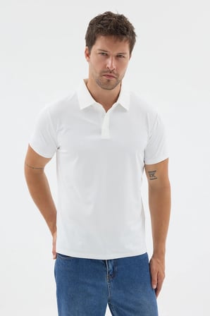 Beyaz Polo Yaka Örme Kısa Kol Standart Fit Esnek Tişört 1011260179