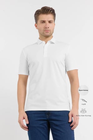 Beyaz İtalyan Yaka Kısa Kol Cepsiz Slim Fit Pamuklu Tişört 1011260180