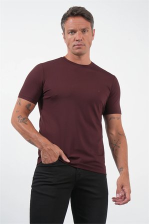 Bordo Bisiklet Yaka Kısa Kol Örme Standart Fit Esnek Tişört 1011260251