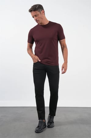 Bordo Bisiklet Yaka Kısa Kol Örme Standart Fit Esnek Tişört 1011260251