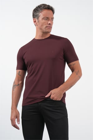 Bordo Bisiklet Yaka Kısa Kol Örme Standart Fit Esnek Tişört 1011260251