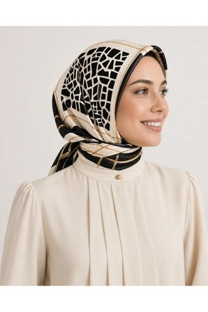 Tarzını Seç Siyah Mozaik Zincir Fular / Bandana / Aksesuar / Eşarp 90x90 cm