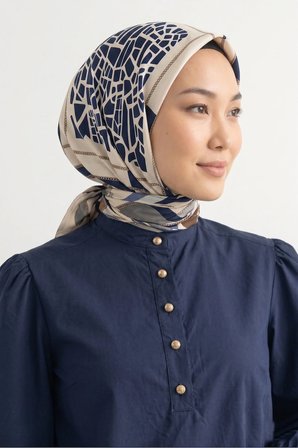 Tarzını Seç Lacivert Mozaik Zincir Fular / Bandana / Aksesuar / Eşarp 90x90 cm