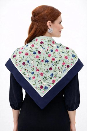Tarzını Seç Lacivert Gül Fular / Bandana / Aksesuar / Eşarp 90x90 cm