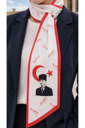 Atatürk Beyaz Kırmızı İmzalı Türk Bayraklı 85x25cm Kravat / Eşarp / Fular