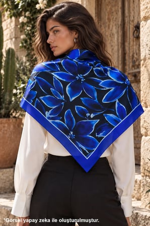 Tarzını Seç Saks Mavi Çiçek Çift Taraflı Baskılı Fular 70 x 70 cm