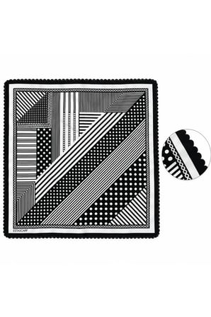 Tarzını Seç Siyah Beyaz Geometrik Ritim Desenli Dantel Oya Kesim Fular / Bandana 70 x 70 cm