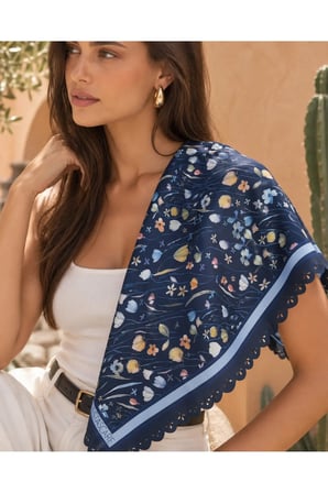 Tarzını Seç Lacivert Kır Çiçekleri Desenli Dantel Oya Kesim Fular / Bandana 70 x 70 cm