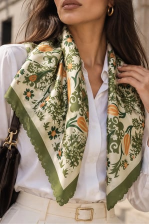 Tarzını Seç Haki Anadolu Lalesi Desenli Dantel Oya Kesim Fular / Bandana 70 x 70 cm