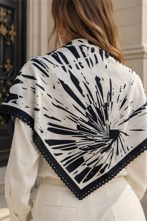 Tarzını Seç Siyah Beyaz Soyut Fırça Desenli Dantel Oya Kesim Fular / Bandana 70 x 70 cm
