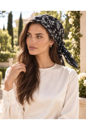 Tarzını Seç Siyah Gece Bahçesi Desenli Dantel Oya Kesim Fular / Bandana 70 x 70 cm