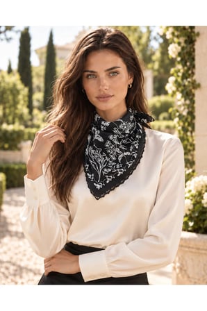 Tarzını Seç Siyah Gece Bahçesi Desenli Dantel Oya Kesim Fular / Bandana 70 x 70 cm