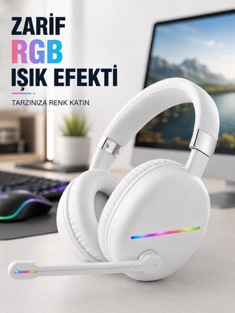 Bluetooth 5.0 Beyaz Kulak Üstü Kablosuz Kulaklık Mikrofonlu Rgb Aydınlatmalı