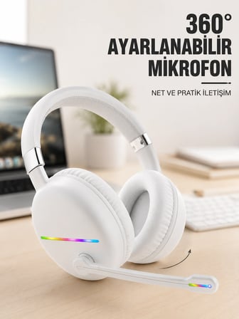 Rgb Işıklı Mikrofonlu Bluetooth Kulaklık Beyaz Over-ear Tasarım Type-c Şarjlı