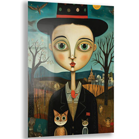 Sanatsal Cam Tablo - Naif Sanat - Dikey Motif 13-019