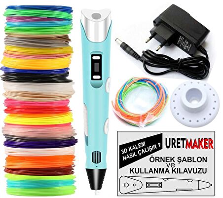MAVİ Renk 3D Pen Kalem Yazıcı ve 20 metre PLA Filament (10 renk x 2 metre)