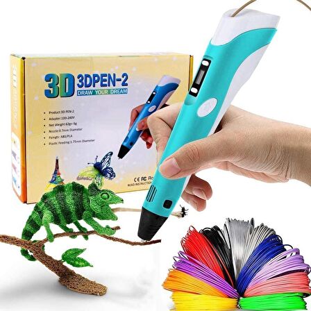 MAVİ Renk 3D Pen Kalem Yazıcı ve 20 metre PLA Filament (10 renk x 2 metre)