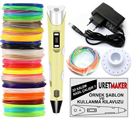 SARI Renk 3D Pen Kalem Yazıcı ve 70 metre PLA Filament (10 renk x 7 metre)
