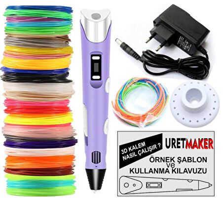 MOR Renk 3D Pen Kalem Yazıcı ve 100 metre PLA Filament (10 renk x 10 metre)