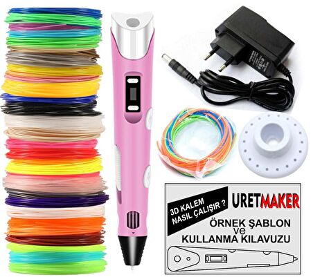 PEMBE Renk 3D Pen Kalem Yazıcı ve 100 metre PLA Filament (25 renk x 4 metre)