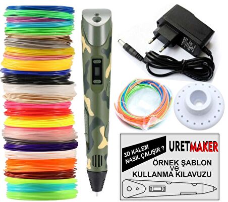 KAMUFLAJ Renk 3D Pen Kalem Yazıcı ve 100 metre PLA Filament (25 renk x 4 metre)