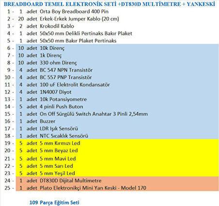 BREADBOARD TEMEL ELEKTRONİK DEVRE SETİ +DT830D MULTİMETRE + PLATO YANKESKİ