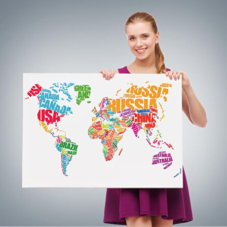 Harita Sepeti Renkli Ülke İsimli Dünya Haritası Kanvas Tablo 1011