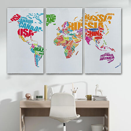 Harita Sepeti Renkli Ülke İsimli Dünya Haritası Kanvas Tablo 1011