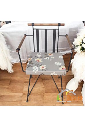 40x40 Çiçek Desenli Açık Kahverengi Saten Fermuarlı Bağcıklı Sandalye Minderi 5 cm
