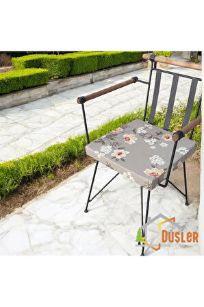 40x40 Çiçek Desenli Açık Kahverengi Saten Fermuarlı Bağcıklı Sandalye Minderi 5 cm