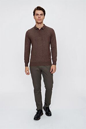 Uzun Kol Örme Polo Yaka Comfort Fit Rahat Kesim Klasik Triko 1012225007 Kahverengi
