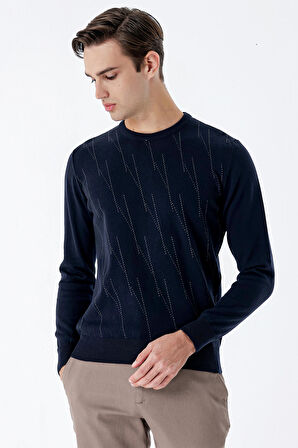Uzun Kollu Desenli Örme Bisiklet Yaka Pamuklu Klasik Comfort Fit Triko 1012235150 Koyu Lacivert