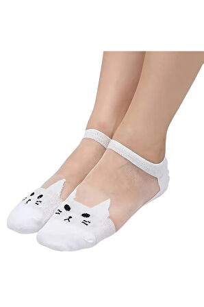Kadın 3 Çift Premium Kalite Kedi Desenli Tül Şeffaf Çorap Çok Renkli