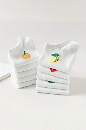 Hitit Socks Kadın 10 Çift Premium Kalite Pamuklu Meyve Desenli Babet Çorap