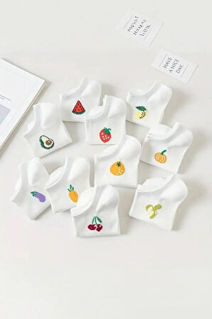 Hitit Socks Kadın 10 Çift Premium Kalite Pamuklu Meyve Desenli Babet Çorap