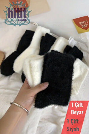 Kadın 2 Çift Peluş Kışlık Termal Uyku Çorabı Siyah Beyaz