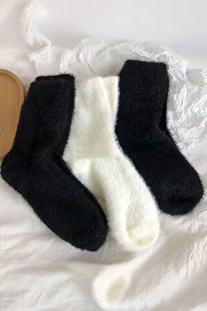 Kadın 2 Çift Peluş Kışlık Termal Uyku Çorabı Siyah Beyaz