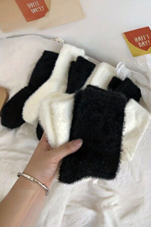 Kadın 2 Çift Peluş Kışlık Termal Uyku Çorabı Siyah Beyaz