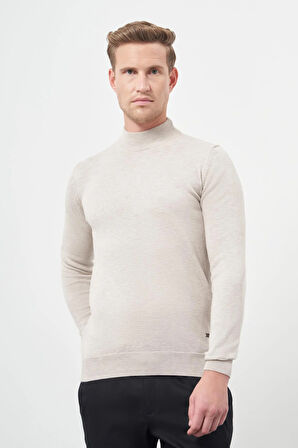 Açık Bej Uzun Kol Düz Örme Yarım Balıkçı Yaka Classic Comfort Fit Triko 1012245001