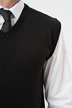 Siyah NULL Düz Örme V Yaka Classic Comfort Fit Triko 1012245003