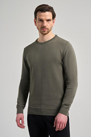 Koyu Yeşil Uzun Kol Düz Örme Bisiklet Yaka Classic Comfort Fit Triko 1012245006