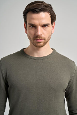 Koyu Yeşil Uzun Kol Düz Örme Bisiklet Yaka Classic Comfort Fit Triko 1012245006