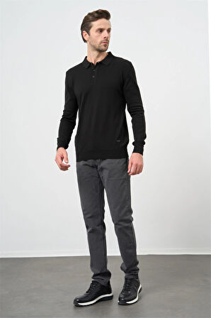 Siyah Uzun Kol Düz Örme Polo Yaka Classic Comfort Fit Triko 1012245007