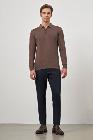 Sütlü Kahverengi Uzun Kol Düz Örme Polo Yaka Classic Comfort Fit Triko 1012245007