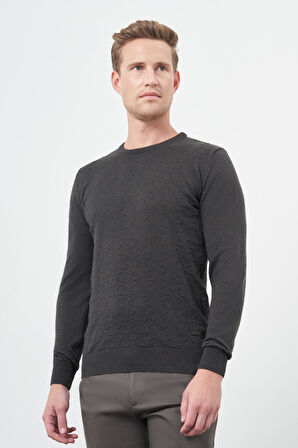 Koyu Antrasit Uzun Kol Kendinden Desenli Örme Bisiklet Yaka Classic Comfort Fit Triko 1012245155