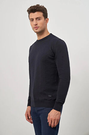 Koyu Lacivert Uzun Kol Kendinden Desenli Örme Bisiklet Yaka Classic Comfort Fit Triko 1012245155