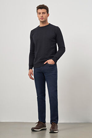 Koyu Lacivert Uzun Kol Kendinden Desenli Örme Bisiklet Yaka Classic Comfort Fit Triko 1012245155