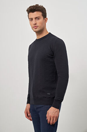 Koyu Lacivert Uzun Kol Kendinden Desenli Örme Bisiklet Yaka Classic Comfort Fit Triko 1012245155