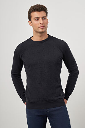 Koyu Lacivert Uzun Kol Kendinden Desenli Örme Bisiklet Yaka Classic Comfort Fit Triko 1012245155